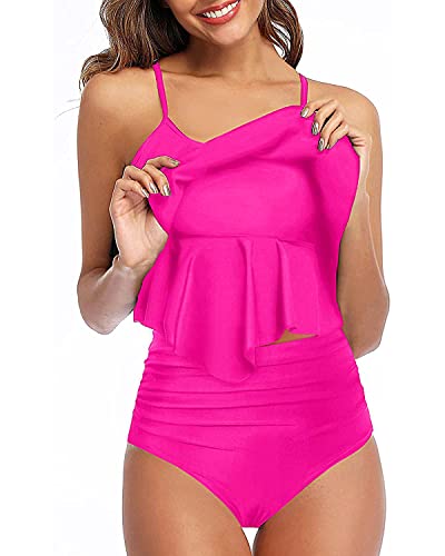 Holipick Hot Pink Tankini Swimsuits For Women Two Piece Bathing Suits Ruffle Tops With High Waisted Bottoms Bikini Sets For Teen Girls S #TOP3