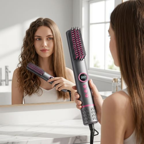 Cepillo alisador profesional iónico con aire caliente - Alisador de cabello rápido con función de chorro frío, enchufe estadounidense, pantalla LCD y protección contra quemaduras - Gris miniatura 1