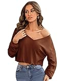 SweatyRocks Women's Long Sleeve Tee Shirt V Neck Ribbed Knit Lettuce Trim Crop Top Brown L