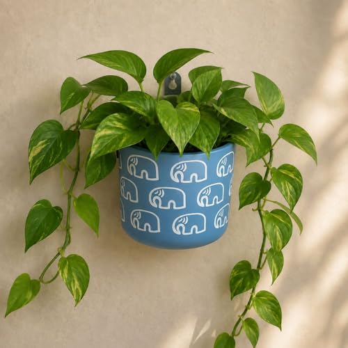 Image of Urban Upvan Elephant Printed Blue Terracotta Wall Planter - Premium Decorative Planter for Indoor & Outdoor Plants, Modern Elegant Flower Pot for Home, Garden & Office