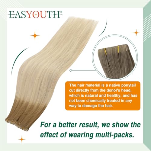 Image of Easyouth Tape in Human Hair Extensions Ombre Injection Tape in Extensions Light Golden Brown Ombre Platinum Blonde Hair Extension Tapes in 24 Inch 12.5G 5Pcs