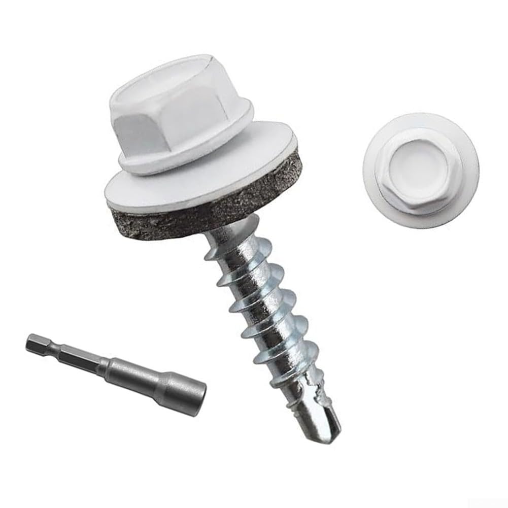Tornillos autoperforantes blancos para techos de metal y madera con arandelas, 300 unidades