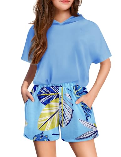 Image of Girls Summer Outfits Kids Hooded-Shirts and Elastic Waist Shorts Sets | short sleeve drop shoulder hooded shirt and shorts with two pockets tie dye leopard letter