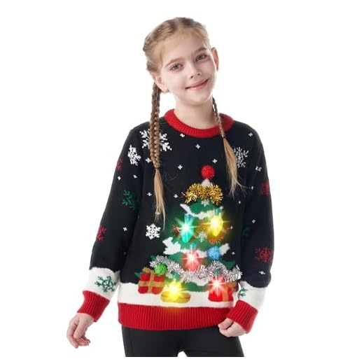 Giggling Getup Suéter feo de Navidad para niños, con luz LED, diseño de árbol de Navidad feo, Negro , 5-8 años