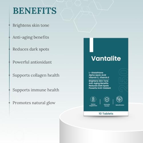Image of Vantalite L Glutathione Tablets for Skin Whitening 250mg | Glutathione Supplement with Alpha Lipoic Acid, Vitamin C, Vitamin E For Glowing Skin | Anti-Aging Antioxidant | Vegan | 10 Tablets