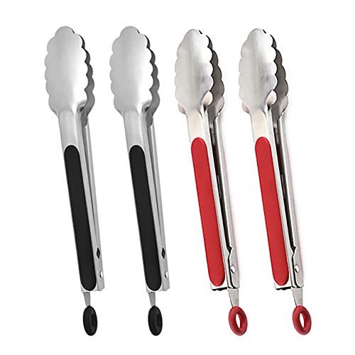 UPTALY 4 pcs Barbecue Tongs (10 inch), Stainless Steel Grill Tong with Red Handle, Large Sized Food Tong, Thicken Steak Tongs, Black Handle Serving Tong for Cooking, Grilling, BBQ, Buffet
