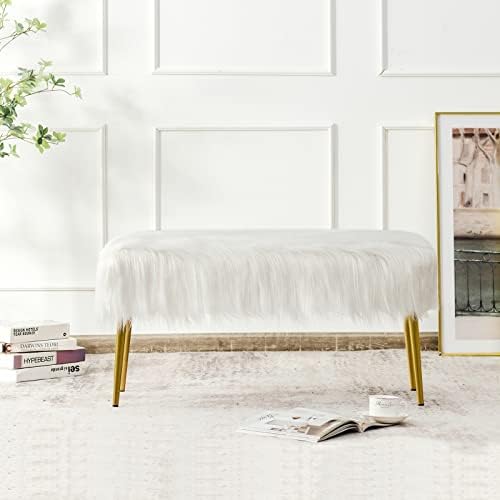 COSTWAY Furry Faux Fur Footstool, Rectangular Upholstered Dressing Vanity Stool Seat with Golden Metal Legs, Home Bedroom Living Room Pouffe Ottoman Footrest (White, 91 x 35 x 46cm)