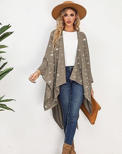 Image of Womens Rhinestones Open Front Poncho Shawl Wrap Cape Ruana Travel Blanket Cardigan