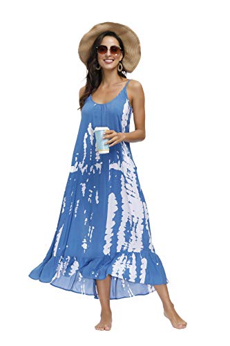 Image of BUENOS NINOS Women's V Neck Floral Maxi Dress Boho Printed Adjustable Spaghetti Strap Ethnic Beach Long Dress with Pockets