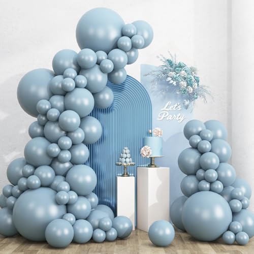 Image of RUBFAC 135pcs Dusty Blue Balloons, Haze Blue Latex Balloon Different Sizes 18 12 10 5 Inch for Garland Arch Birthday Wedding Engagements Anniversary Baby Shower Party Supplies