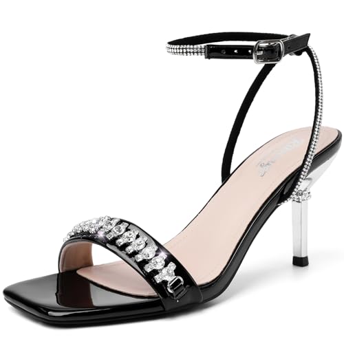 RIBONGZ Womens Sandals Dressy Fashion Rhinestone Black Strappy Kitten Heels Square toe Sexy Stiletto High Heels Comfortable Wedding Party Evening Prom Summer Bridal Shoes 7.5