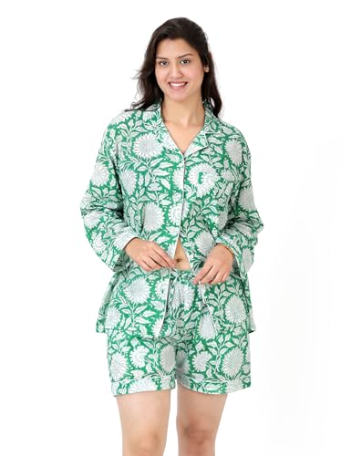 Image of Huar Women Pajama Set, 4 pcs Button Down Vacation Beach Cotton Set, Lounge wear PJ Set For Birthday