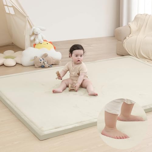 Image of Extra Large 79 inchx118 inch Baby Activity Play Mat for Floor, 1.3 inch Thick Elasti Foam for Tummy Time & Crawling, Non-Slip Nursery Rug for Infants, Toddlers & Kids, Tatami Style Mat for Yoga, Living Room, Classroom & Playroom(Cream)