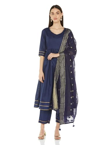 Libas Navy Blue Solid Rayon Straight Kurta With Trousers & Dupatta