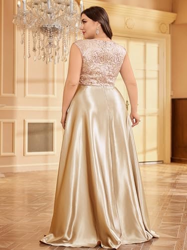 Image of Plus Size Satin Mother of the Bride Formal Gown for Wedding Sleeveless V-Neck Evening Dress