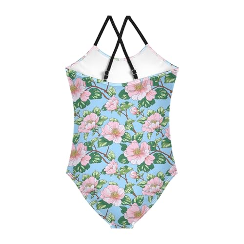 senya Girls Swimsuits One-Piece Swimwear Tie Bathing Suit Beach Summer Round Neck 5-6T Pink Hawaiian Flowers Pattern2