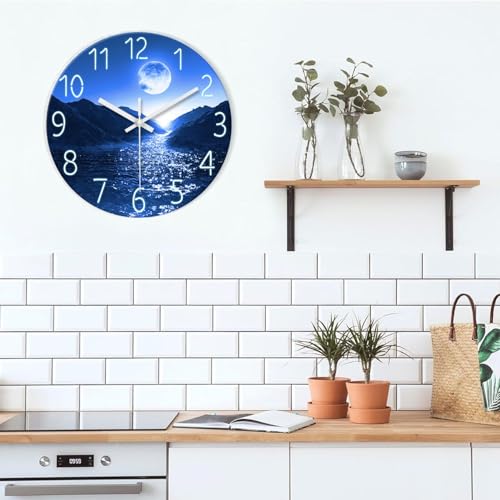 Image of XFM Blue Moon Wall Clock Battery Operated 14 Inch Silent | Non-Ticking Modern Glass Nature Round Analog Decorative for Kitchen Bedroom Living Room Office