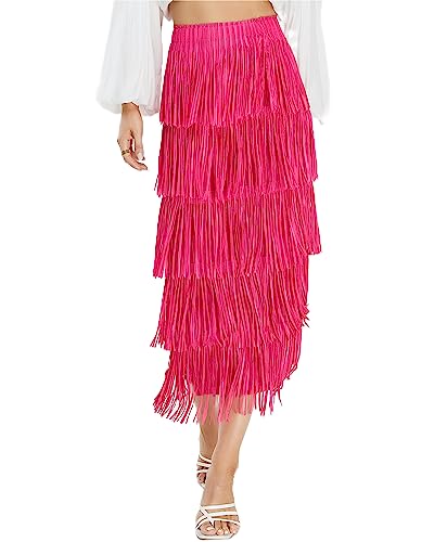 Kisidoo Womens Fringe Trim High Waist Short Pencil Bodycon Skirts Sexy Elegant Fringe Long Maxi Skirt Summer Party Work Rose Red