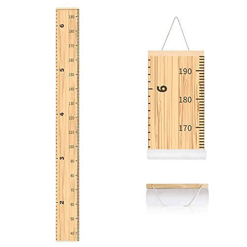 Image of Wood Grain Baby Growth Chart Hanging Ruler Wall Decor for Kids, Canvas Removable Growth Height Chart with Scroll Wooden Frame, Nursery Toddlers Bedroom Kids Room Decoration for Boys Girls 63" x 7.9"