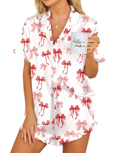 Image of Ekouaer Womens Satin Pajamas Set Button Down 2 Piece Silk Pjs Shorts Set Ruffle Lingerie Notch Collar Sleepwear