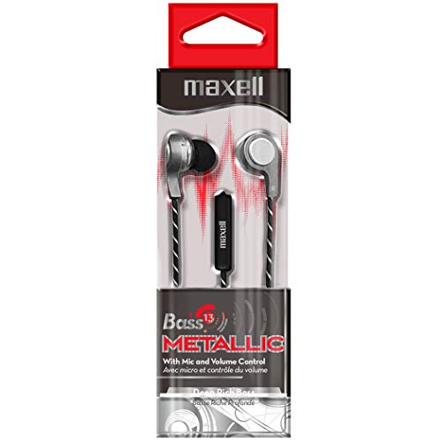 Maxell Bass 13 Metallic Earbuds With Microphone, 4 Ft Cord, Silver #TOP1