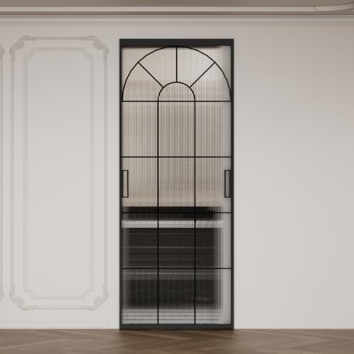 Image of Opening Size 26 inch -30 inch x 72-85 inch H Fluted Glass Barn Door, Concealed Sliding Barn Door with Soft Close, Waterproof Modern Sliding Door for Bathroom /Kitchen Privacy, 5 /16 inch(8mm) Tempered Glass,