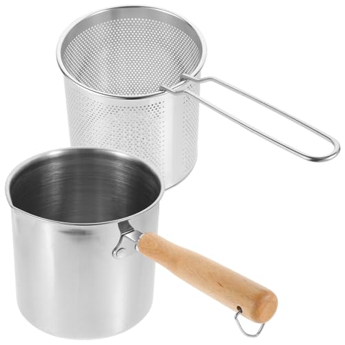 DOITOOL Kit de Friteuse Petite Casserole en Acier Inoxydable Panier à Friture Poignée en Bois Résistant Haute Température Facile à Nettoyer Cuisine Maison