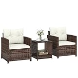 SET DA PATIO A 3 PEZZI: Include due poltrone con cuscini e un tavolino. Perfetto per balcone, patio o giardino, per caffè mattutino, letture piacevoli o chiacchiere rilassanti.