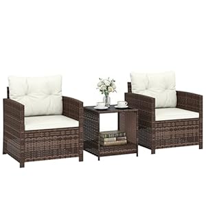 Outsunny Rattan Bistroset, 3 teiliges Gartenmöbel-Set mit 2 Sessel, 2-Ebene Glastisch, abnehmbar Sitzkissen, Balkonmöbel-Set Sitzgruppe Gartengarnitur für Garten, Terrasse, Cremeweiß