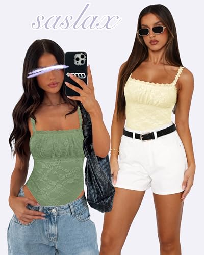 Saslax Women's Sexy Square Neck Lace Sleeveless Bodysuit Tank Tops Double Lined Body Suit Thong Outfits