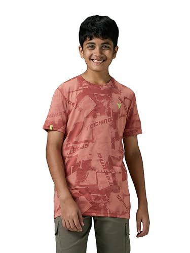 TECHNOSPORT Boy's Slim Fit Printed Half Sleeve T-Shirt for Running and Sports - (BTB141CFK_4_Chilli Flakes_7-8 Years)