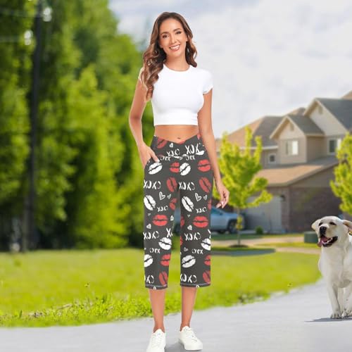 Calça de moletom feminina Glamour Red Lips Hearts V Crossover para ioga com controle de barriga para