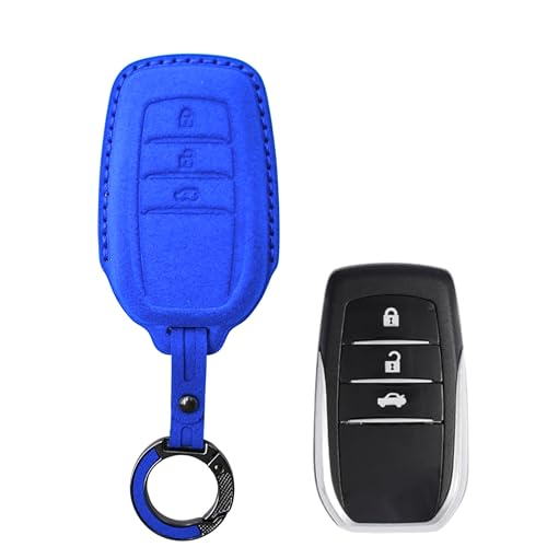 Image of KMH Alcantara Key Cover Compatible with Toyota Fortuner | Fortuner Legender | Innova Hycross 3 Button Shell Case Holder Full Key Protector Smart Keycover with Keychain (D3) Blue - Pack of 2