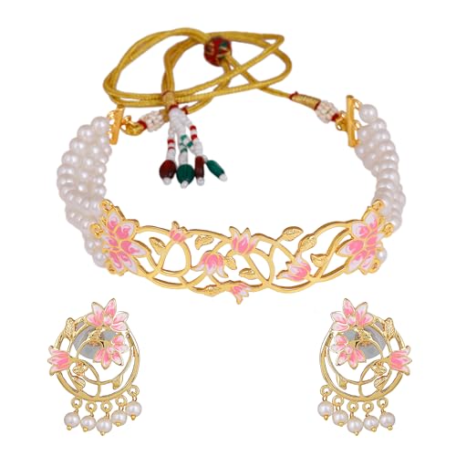 Estele Jewellery Sets for Women Gold Plated Pink & White Enamel Lotus Designer Ethnic Pearl Necklace Set/Choker Set Versatile Chic for Women & Girls (B0CY8BKB9L) Amazon Price History, Amazon Price Tracker