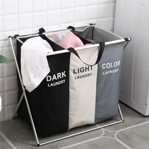 Cesto Organizador de Roupas Sujas 3 Divisórias Dobrável – Cesto de Lavanderia Grande, Leve e Resistente para Separar Roupas Brancas, Coloridas e Escuras