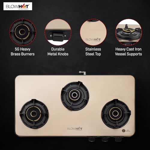 Image of BLOWHOT Premium Design ISI Certified Sapphire Gold Manual 3 Burner Slimmest Gas Stove | Stainless Steel Top | 5 Year Warranty By Blowhot On Burner and Gas Valve - Gold 5G