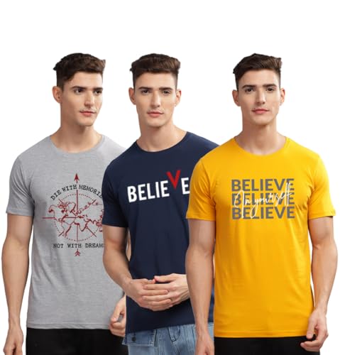 Image of ADRO 100% Cotton Lycra Tshirts for Men Combo Pack of 3 | Regular Fit | Printed T Shirt | Round Neck Half Sleeve| Mens Tshirts
