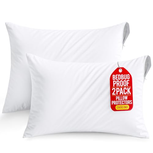 Set of 2 Pillow Protectors with Zipper Standard Size, Bed Bug and Dust Mite Proof Pillow Covers, Ultra Soft Pillow Encasements, Moisture Wicking and Waterproof Pillow Cases by Utopia Bedding (White)