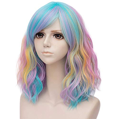 Mersi Rainbow Wigs For Women Short Curly Wavy Hair Wig With Bangs Colored Synthetic Wigs For Party Halloween S042Rb #TOP3