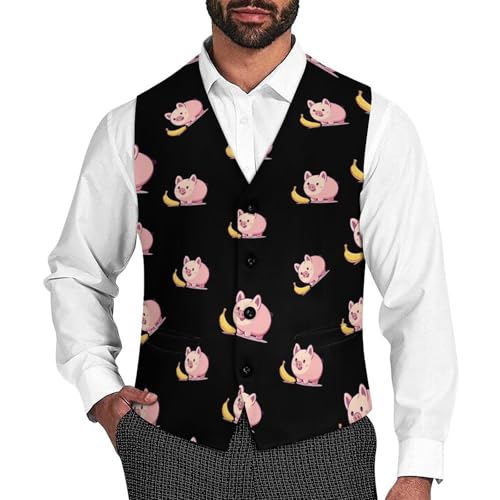 Cute Pigs Banana Suit Vest for Men Waistcoat Dressy V Neck Button Down Sleeveless Business Jacket Coat