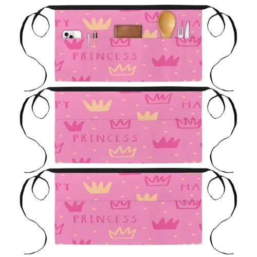 Lot de 3 tabliers courts de chef rose princesse et multicolore avec 3 poches