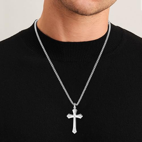 925 Sterling Silver Cross Necklace for Men Women Durable Stainless Steel Rolo Cross Chain 18K White Gold Plated Beveled Edge Black Gothic Rivets Textured Moissanite Crucifix Pendant Necklace 24”2