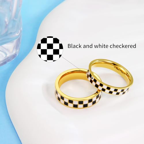 AmorArtSky Couple Chessboard Wedding Bands Set - 18K Gold Plated Stainless Steel Stackable Rings for Him & Her | Geometric Design, 6mm & 4.5mm Widths, Hypoallergenic, Mirror Polish | Sizes 6-104