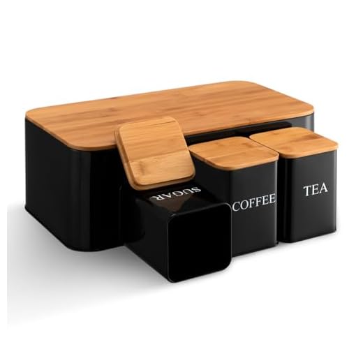 HollyHOME Large Bread Box and 3-Piece with Sugar Tea Coffee Containers Sets for Kitchen Table Storage Store Pastries Coffee, Biscuits & More,Black(16.34” W x 8.86” D x6.3” H)