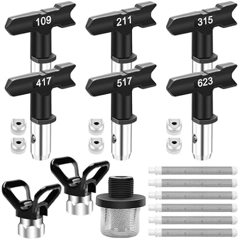 Coitak 15 Pieces Airless Paint Sprayer Tips Set, 6 Reversible Spray Nozzle Tips with Spacer, 6 Airless Paint Sprayer Filter, 1 Paint Sprayer Replacement Inlet Strainer and 2 Nozzle Tip Guards Cover