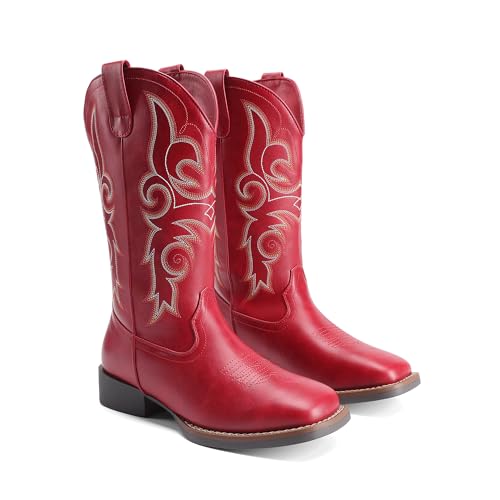 DREAM PAIRS Women's Cowboy Cowgirl Boots Embroidered Square Toe Mid Calf Western Boots Fashion Dress Chunky Low Heel Shoes for Theme Party Country Concert,Size 8,Red,DWUMMB2516