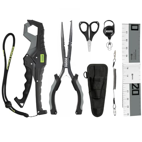 Booms Fishing Gear and Equipment: 6pcs Fishing Tools Kit with Needle Nose Pliers, Fish Gripper, Scissors, 24" Ruler, Retractor & lanyard - Saltwater Fishing Tackle Accessories Gifts for Men, TK1 Black
