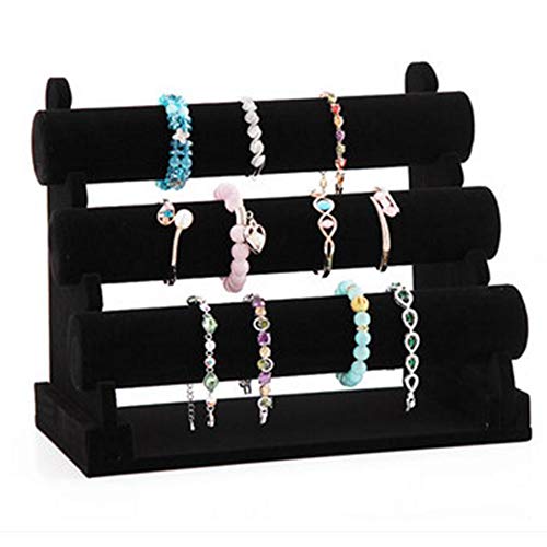 Pinkgarden Présentoir à bijoux en velours à 3 niveaux, organisateur de bijoux, support de bracelet pour bracelet, collier, montre (Noir)