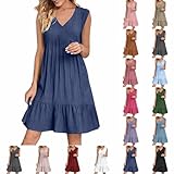 Beach Dresses for Over 50, Summer Dresses for Women UK Sleeveless V Neck Ruched Pleated Ruffle Dress Loose Baggy Solid Sundress High Waisted Tunic Knee Length Swing Summer Beach Vacation Outfits Navy