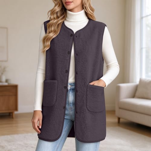 Long Sherpa Fleece Vest Women Casual Sleeveless Button Down Jackets Vests M - image 2